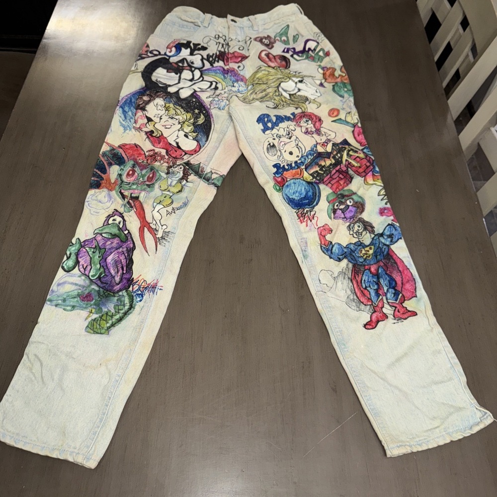 Vtg 90's  Senior Cords Hand Drawn Women's Pants DETAILED ARTWORK See Pics Jeans